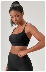 Vue latérale du soutien-gorge de yoga noir à bretelles croisées et legging assorti