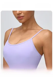 Close-up of classic U-neck lavender yoga bodysuit with slim shoulder straps
