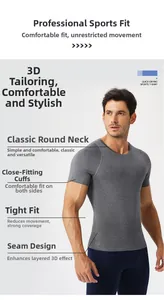 Detail view of men's compression fitness shirt showing elastic stitching and grey fabric