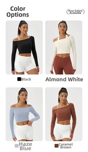 Détails du haut de yoga à épaule dénudée en noir, blanc amande, bleu et marron caramel