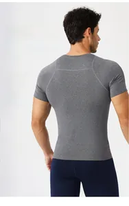 Detailed back view of men's compression fitness t-shirt with grey melange elastic fabric