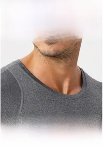 Detail of the high-stretch breathable gray workout shirt showing durable neckline stitching