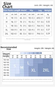 Detailed size chart for men's athletic pants including height and weight guide