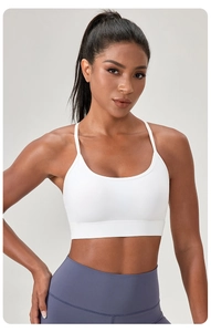 Détail d'un soutien-gorge de sport blanc avec bretelles en Y et tissu mat élastique