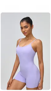 Close-up of lavender one-piece yoga romper featuring slim straps and bodycon fit
