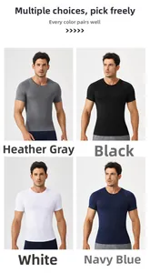 Men's compression shirts in grey, black, white and navy blue shown in a collage view