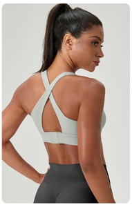 Close-up of quick-dry sports bra with criss-cross back and adjustable hook closure