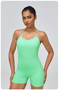 Close-up of mint green bodysuit featuring thin straps and high-stretch fabric texture