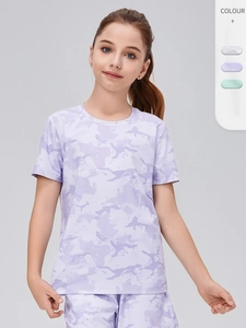 T-Shirt de Sport Camouflage pour Enfants Respirant à Séchage Rapide Manches Courtes Haut Athlétique pour Garçons et Filles