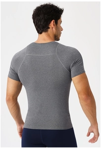 Close-up back view of men's compression t-shirt showing grey heather texture and seams