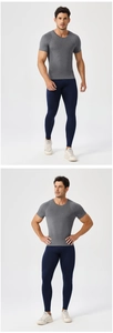 Detail of gray compression t-shirt and blue leggings with flat seams for men's fitness
