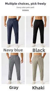Men's athletic pants in navy, black, grey, and khaki with elastic waistband and pockets