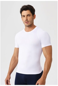 Close-up of white compression fitness t-shirt showing elastic breathable fabric and crew neck