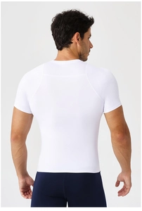 Rear view of white compression t-shirt showing ergonomic stitching and slim fit design