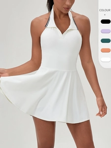 Women Halter Tennis Dress Contrast Polo Lapel Sleeveless Sports Skirt Polyester Spandex Breathable Golf Fitness Dress
