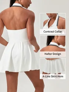 White halter neck tennis dress with contrast collar and pleated A-line skirt for women