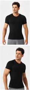 Detail of men's compression shirt with raglan sleeves and breathable athletic fabric