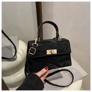 Close-up of black pleated texture bag with golden metal buckle and mirror reflection