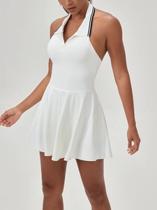 White halter neck tennis dress with contrast polo collar and pleated A-line skirt