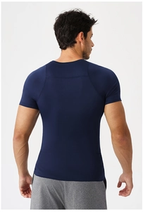 Rear view of navy blue men's compression t-shirt showing stitching and fit