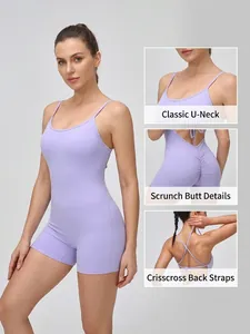 Purple yoga romper with U-neck, cross-back straps, and ruched peach butt lifting shorts