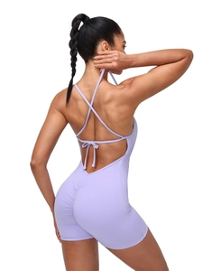 Lavender backless one-piece yoga romper with cross straps and ruched butt lifting shorts