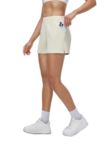 Short de sport beige à taille haute pour femme avec poche latérale pour téléphone