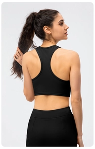 Detailed back view of a black ribbed high-stretch racerback yoga vest for women