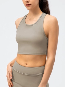 Women's ribbed high-stretch yoga tank top in taupe with racerback and round neck