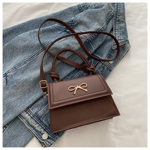 Detail of dark brown handbag featuring a gold bow clasp and knotted handle