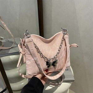 Women Minimalist PU Leather Underarm Bag With Metal Butterfly Pendant And Chain Strap Solid Color Crinkle Daily Fashion Shoulder Bag