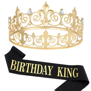 Golden crystal crown with Birthday King sash set for men party accessories decoration