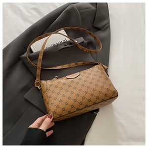 Detailed macro view of the brown monogram crossbody bag featuring a fashion leather patch
