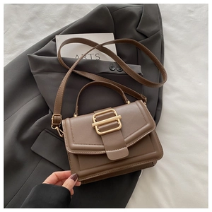 Détail d'un sac à main marron avec boucle en métal doré et poignée supérieure en nature morte