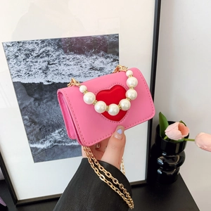 Mini Sac Bandoulière Motif Cœur Poignée Künstliche Perles Chaîne Dorée Cuir PU Petit Carré Sac À Rouge À Lèvres Mode Douce Femme