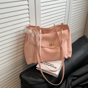 Damen Große Kapazität PU-Leder Tragetasche Mode Spitzen-Schleife Dekor Schultertasche Mit Kettengurt Und Drehschloss