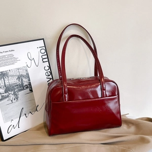 Retro Glossy PU Leather Shoulder Bag For Women Large Capacity Simple Underarm Tote Bag Fashion Commuting Handbag Zipper Closure