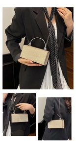 Detail of champagne glitter evening bag with round silver metal handle and chain strap