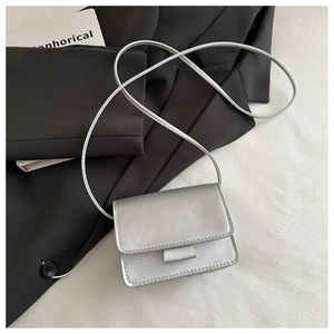 Silver mini crossbody flap bag styled on a black blazer for a modern aesthetic