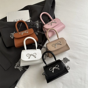 Minimalist crossbody flap bags with metal bow decoration in five colors with chain straps