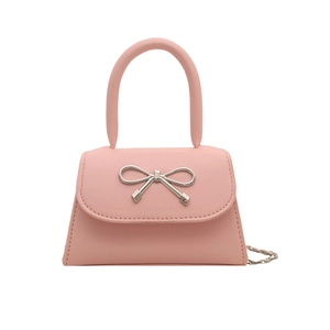 Pink matte leather mini handbag with silver bow detail and metal chain strap for women
