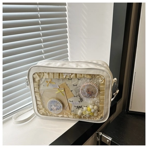 Détail d'un sac Ita blanc avec fenêtre transparente et bordure en dentelle jaune
