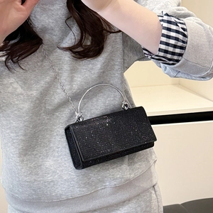 Sparkling black sequin mini crossbody bag with silver metal handle and chain strap