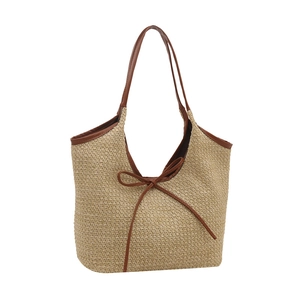Grand sac cabas de plage tissé avec nœud marron et anses élégantes en cuir pour femmes