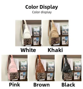 Five colors of leopard print crossbody chest bags including white, khaki, pink, brown, and black