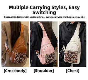 Three-way leopard print crossbody chest bag shown in shoulder and chest carry styles