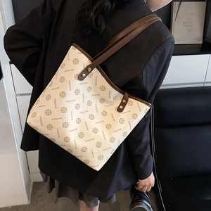 Retro monogram tote bag with brown leather trim and large capacity for commuting