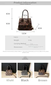 Detailed size specifications and color options for the leopard print mini PU crossbody bag