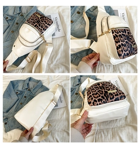 Detailed views of crossbody chest bag featuring leopard print panels and multiple zippers