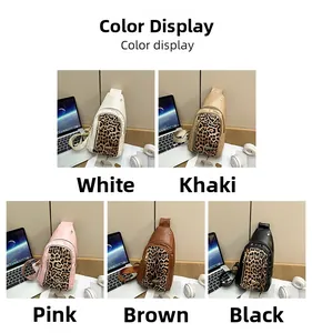 Detail showcasing five color options of leopard print patchwork crossbody chest bags